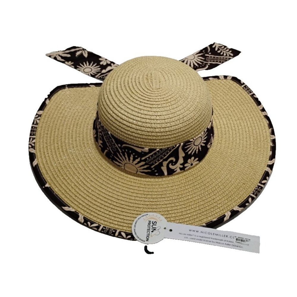 NWT Nicole Miller Sun Hat Tan Natural Paper Wide Brim Brown White Floral Bow